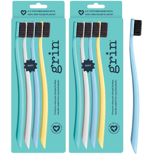 Grin Extra Soft Toothbrushes for Adults â Travel Toothbrush Set with Charcoal Infused Bristles â Manual Full Mouth Brush Head for Whitening & Gum Care â 8 Count (Pack of 2), Summer Beach