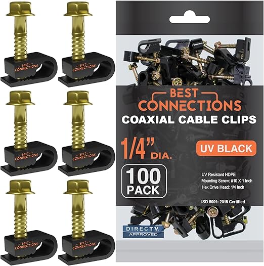 BEST CONNECTIONS Coaxial Cable Clips with Pre-Inserted Screw (2,000 Pack) – Black Single Cable Mounting Clamps for Coax Cable (RG6, RG59) and Ethernet Cable – Cord Fastener/Strain Relief Clip