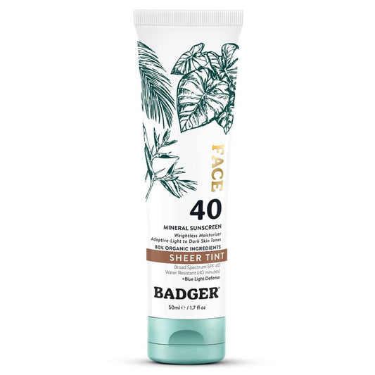 Badger Tinted Sunscreen for Face SPF 40, Lightweight Tinted Mineral Sunscreen w/Sheer Tint Warm Finish for Light or Dark Skin, No White Cast, 80% Organic, Vegan, Water Resistant, Unscented, 1.7 fl oz