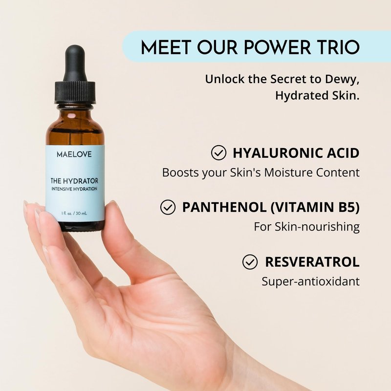 MAELOVE Hydrator Hyaluronic Acid B5 Serum with Resveratrol for Instantly Dewy Glow, Fills Fine Lines, Lightweight and Non Greasy, 1.0 fl oz