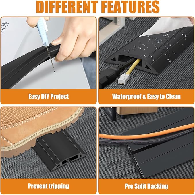 TFMUZERT 10 ft Cord Covers for Wires on Floor, Heavy Duty PVC Duct Floor Cord Cover, Floor Cable Cover Easy to Unroll Prevent Trip Hazard for Home Office or Outdoor Settings (Black)