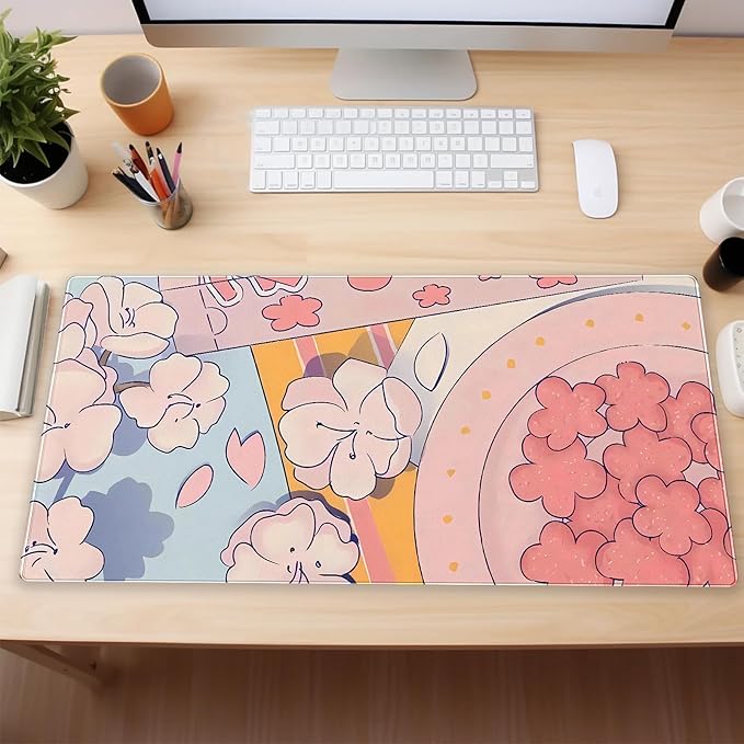 Pink Sakura Desk Mat, Kawaii Floral XXL Large Gaming Mouse Pad