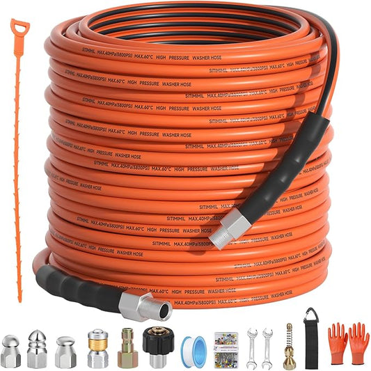 Sewer Jetter Kit for Pressure Washer 150FT,5800psi Drain Cleaner Hose 1/4 Inch Npt Corner, with 5 Sewer Jetting Nozzles Sealing Tape Pearl Corsage Pin Spanner Glove Drain Snake