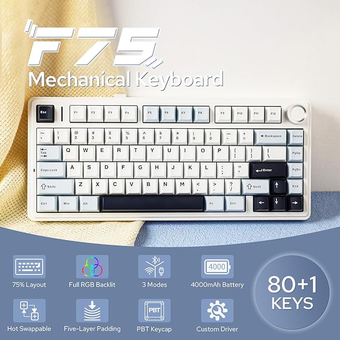 EPOMAKER x Aula F75 Gasket Mechanical Keyboard, 75% Wireless Hot Swappable Gaming Keyboard with Five-Layer Padding&Knob, BT/2.4GHz/USB-C, RGB (Light Blue, LEOBOG Reaper Switch)