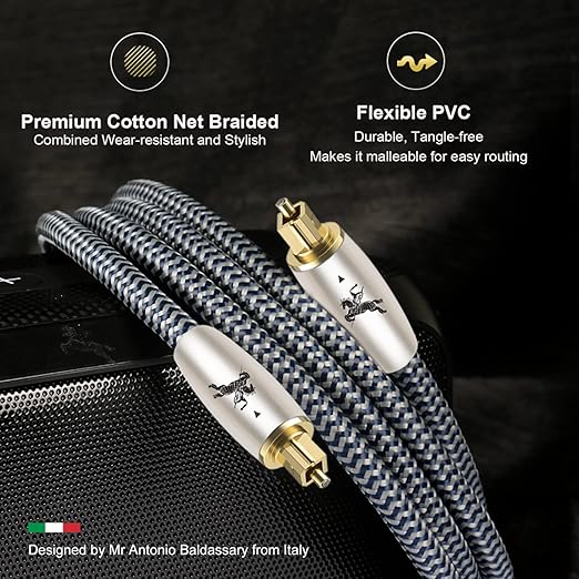 Impeto Premium Fiber Optic Audio Cable 6.5ft (2m) | Toslink S/PDIF | 24K Gold-Plated | Glass Core | for Soundbars, TVs, PS5, Xbox