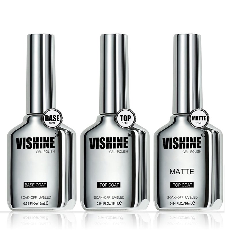 Vishine Gel Top Coat & Base Coat Set - 3Pcs 16ml, Matte & Shiny Finish for Natural & Artificial Nails