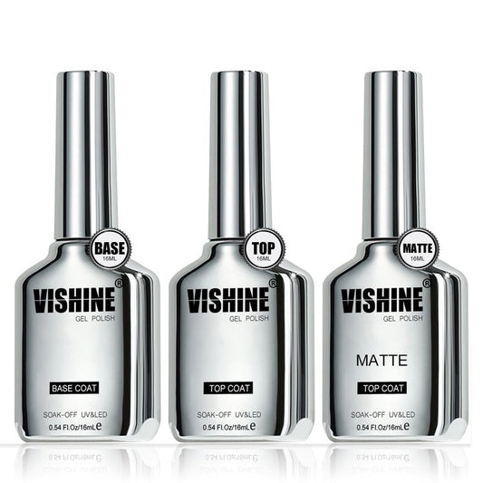 Vishine Gel Top Coat & Base Coat Set - 3Pcs 16ml, Matte & Shiny Finish for Natural & Artificial Nails