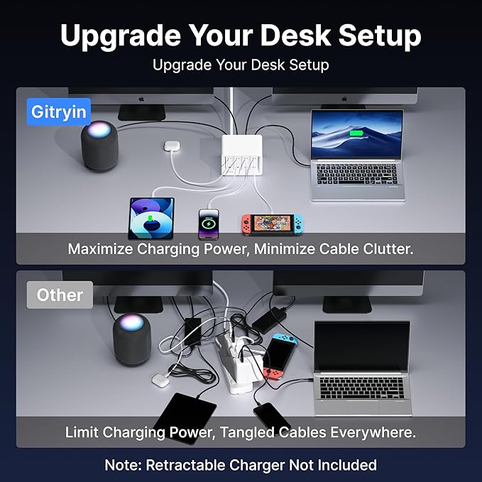 Gitryin 4 Type-C Retractable Wall Chargers with 1 USB A Port and 1 Power Strip, 12-in-1 Modular Charging Station