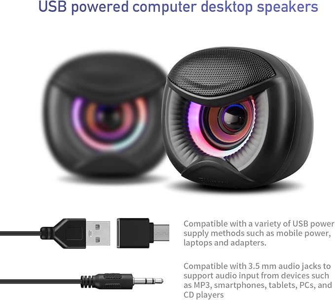 Elimavi USB Computer Speakers, 3.5mm Aux Speaker and USB Powered Interface are Suitable for Desktop Laptop Monitor, Owl Eye Design, Includes a USB-C Adapter, Colorful Lights