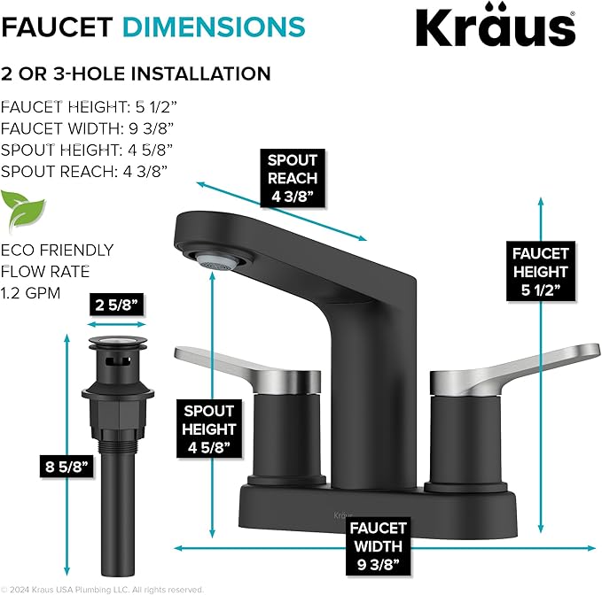 KRAUS Indy Centerset Bathroom Faucet in Spot-Free Brushed Nickel/Matte Black with 2 Handles, Pop Up Drain and Supply Lines, FUS-14102SFBNMB