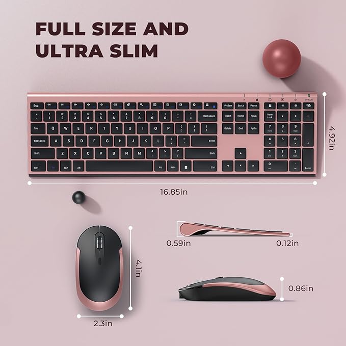 Wireless Keyboard Mouse, Vssoplor Silent Full-Size Rechargeable Combo Set Slim Design for PC, Laptop, Desktop-Black and Rose Gold