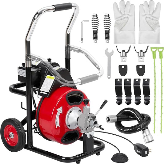 Drain Cleaner Machine 75FT x 3/8 Inch, Professional Sewer Snake Auger with 250W Motor, Auto Feed, 8/4 Cutters, Foot Switch & Wheels, Gloves, Semi-Enclosed Drum, Portable Plumbing Tool for 1"-4" Pipes