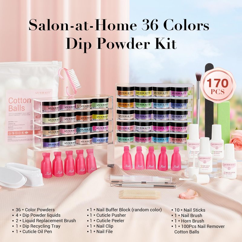 AZUREBEAUTY 170Pcs Dip Powder Nail Kit Starter, 36 Colors Pastel Pink Purple Blue Yellow Dip Powder Liquid Set Spring Summer with Top/Base coat Activator for French Nails Art Gifts