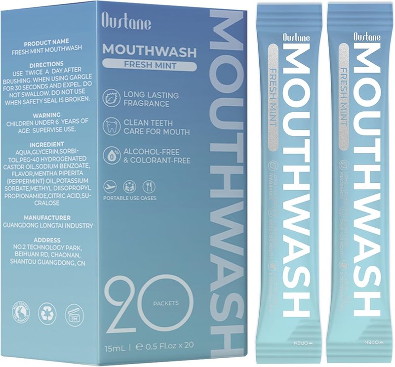 Fresh Mint Mouthwash - Alcohol-Free Travel Size Packets | 15ml, Long-Lasting Freshness (20 Pack)