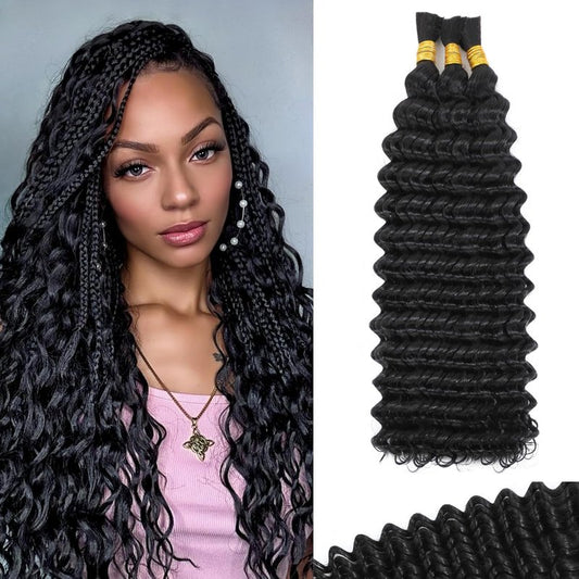 Human Braiding Hair - 16 Inch Deep Wave Bulk Extensions for Boho Braids | 100% Virgin, Knotless, Natural Color, 3 Bundles
