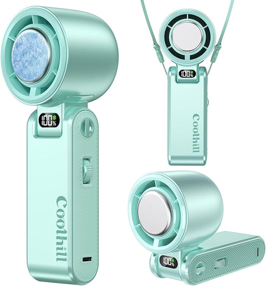 Coolhill Pro Handheld Portable Fan with Ice Cooler: 199-Speed 5500mAh Rechargeable Handheld Fan, 12H Time Hand Cooling Personal Fans with 20000 RPM Air Turbo Tech for Travel Outdoor (Green)