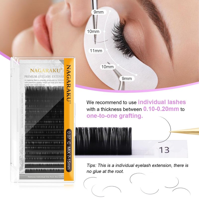NAGARAKU Eyelash Extensions Classic J B C D N LC LD L DD CC LB Curl 0.03-0.20 Thickness 5-17mm, Matte Black Individual Lashes Professional Supplies for Lash Techs (0.07-C 7-15mm Mix 5 Trays)