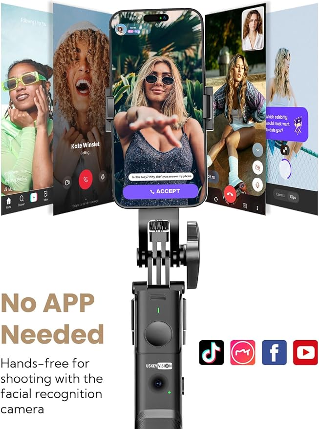 USKEYVISION Auto Face Tracking Tripod for iPhone 360°Rotation,Selfie Stick for Android w/Remote&Ground Spike,68” Phone Tripod Stand that Follows Your Movement for Video Recording,Vlogging(R01)