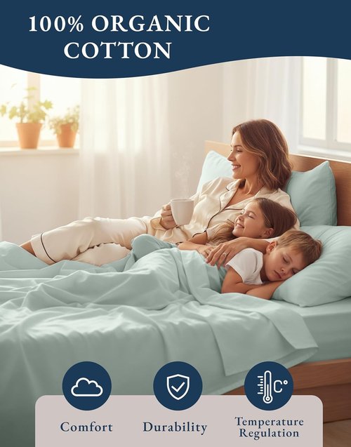 LANE LINEN 100% Organic Cotton King Sheets - Soft & Comfy Percale Bedding | 15" Deep Pocket, Eco-Friendly Cool Blue