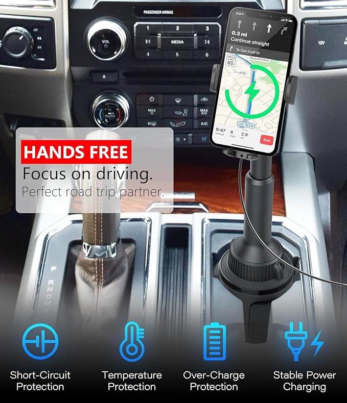 APPS2Car Cup Holder Phone Mount Wireless Car Charger, 15W Qi Fast Charging Car Mount, Adjustable Long Arm & 360° Rotation, Fits 3"–4" Round Cup Holders Compatible with All Smart Phones