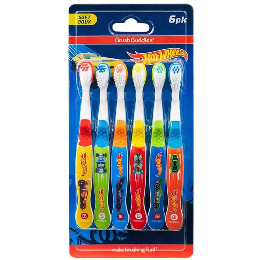 Brush Buddies Hot Wheels Toothbrush for Kids, Kids Toothbrushes, Toothbrush Pack, Soft Bristles for Kids, Toddler Ages 2-4, 6PK