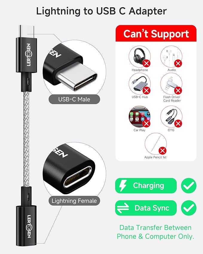 2 Pack Lightning to USB C Adapter, Fast Charging & Data Sync Adapter for iPhone 17 16 15 Pro Max Plus to USB-C, Compatible with Samsung S25/S24/S23, Not for Audio/OTG (Black)