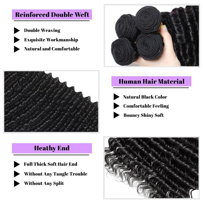 Deep Wave Human Hair Bundles 18 Inch Deep Wave Bundles 100% Unprocessed Brazilian Virgin Hair 1 Bundle Curly Bundles Hair Extensions Real Human Hair Wavy Quick Weave Bundle Natural Black