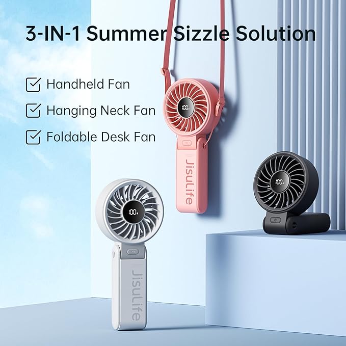 JISULIFE Handheld Fan Life7 – Ultimate Flexibility: Wide & Strong Airflow, 19.5H Max Cooling, 5000mAh Rechargeable, 5-Speed, LED Display, 3 IN 1 Portable Fan for Travel, Concerts, Sports Events(Grey)