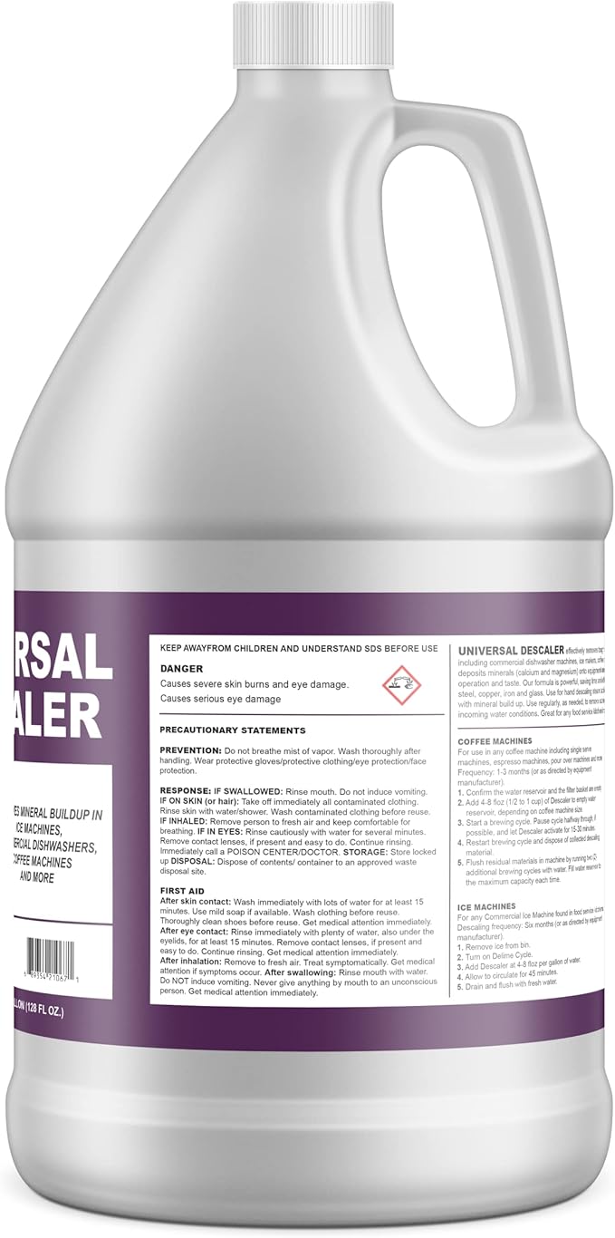 Universal Descaler - 2 Gallon - Commercial Grade Delimer for Dishwasher - Ice Machine Cleaner and Coffee Pot Descaler - Steam Tables - Hand Descaling