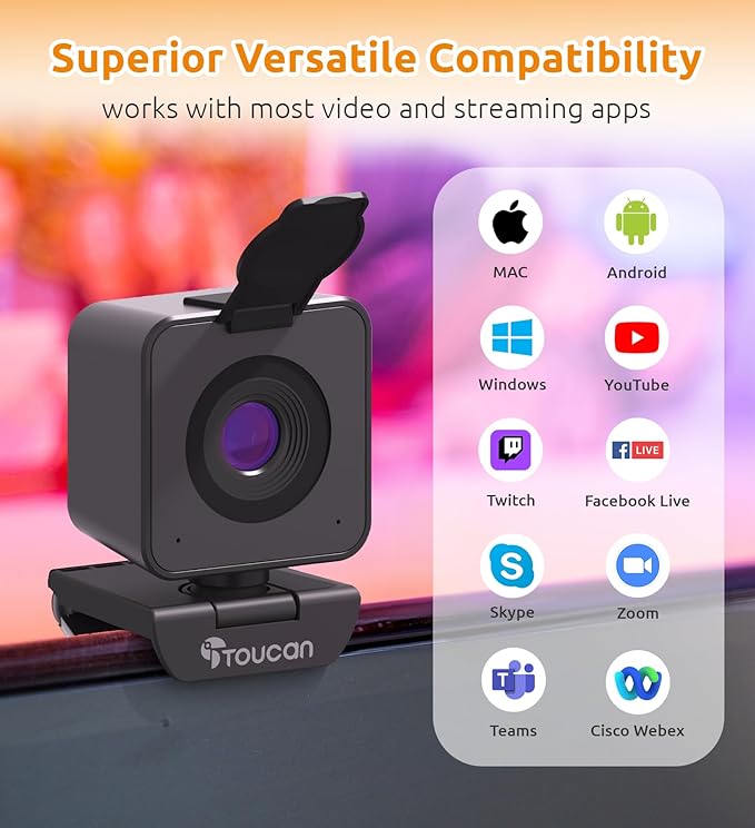 TOUCAN 1080P Webcam for pc, Webcam with Microphone for Laptop, Plug and Play USB Web Cam, 90°View Computer Camera, External Camera for Streaming, Skype, Zoom, FaceTime, Hangouts, MacBook/Tablet