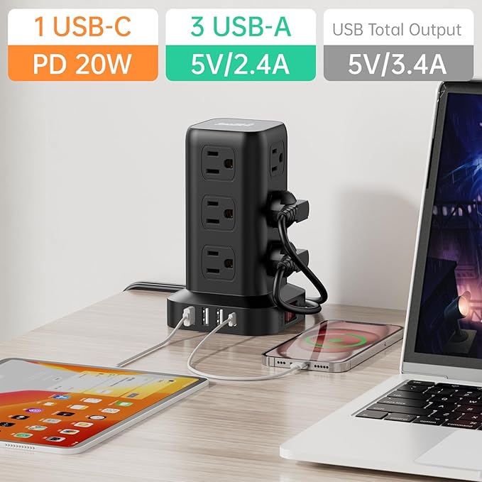 Extension Cord with Multiple Outlets, SMALLRT Surge Protector Power Strip Tower with USB Ports 12 AC Outlets, PD 20W USB C, 15FT Outlet Extender for Home Dorm, Office Supplies, Overload Protection