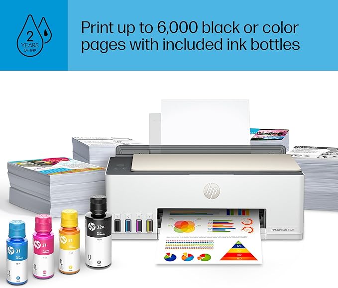 HP Smart Tank 5000 Wireless All-in-One Ink Tank Printer, Scanner, Copier with 2 Years of Ink Included, Best-for-Home, Cartridge-Free, Refillable and AI-Enabled. (5D1B6A)