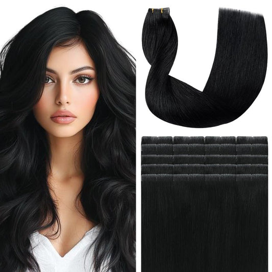 SURNEL Injected Tape in Hair Extensions 14 Inch Natural Real Human Hair Extension Jet Black Upgraded Seamless Remy Invisible Tape in Extensions 20Pcs 30g(#1,14)
