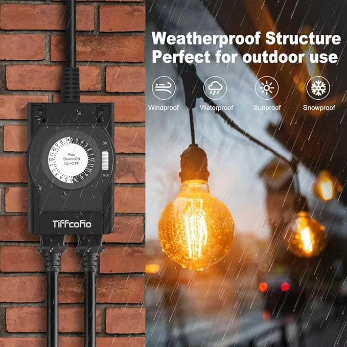 TiFFCOFiO Outdoor Timer Outlet Waterproof, 24 Hour Mechanical Light Timer Outdoor, 2 Grounded Outlets for Home and Garden, 15A 1/2HP, Heavy Duty, ETL Listed (2 Pack)