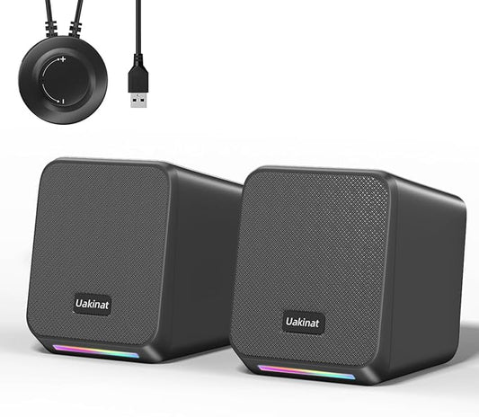 Uakinat Computer Speakers,with 7 Colorful RGB Lights, Headphone Jack, Enhanced Bass and Volume Control, PC Speakers USB Powered Gaming Speakers for Laptop Monitor PC Tablet Phone