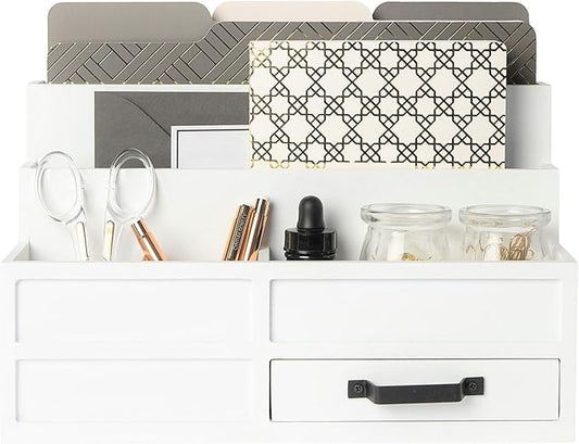 BLU MONACO | White Desktop Organizer with Drawer Storage | Tabletop Organizer with Drawers for Paper Bills Mail | Wooden Mail Organizer for Countertop Workspace | with Drawer, Bill