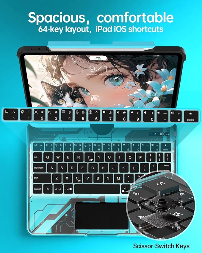 Intermerge Transparent Case with Keyboard for iPad Air 13"(M4/ M3/ M2, 2026/2025/ 2024) & Pro 12.9" (2022-2018) - 360° Swivel Multi-Touch Trackpad, 7-Color Backlit, Pencil Holder, Nebula Core X