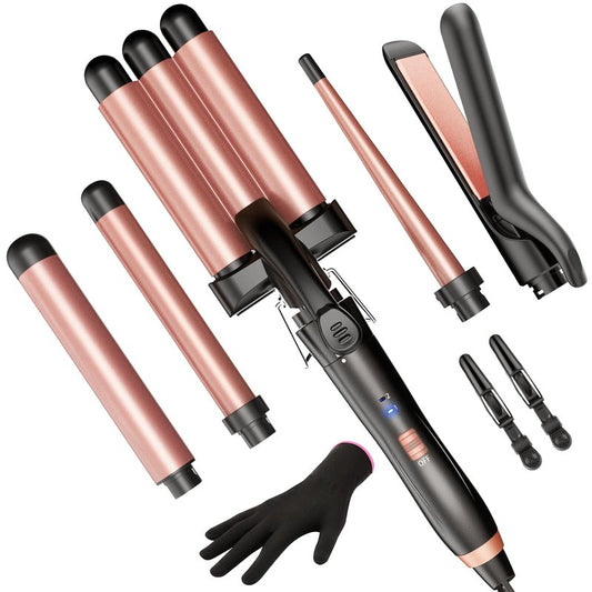 5 in 1 Wand Curling Iron-Kinked Curling Wand Set with Flat Iron Hair Straightener, 3 Barrels Hair Crimper, 3 Ceramic Curling Irons (0.35"-1.25"), 2 Temps Fast Heat Hair Waver Curler, Black