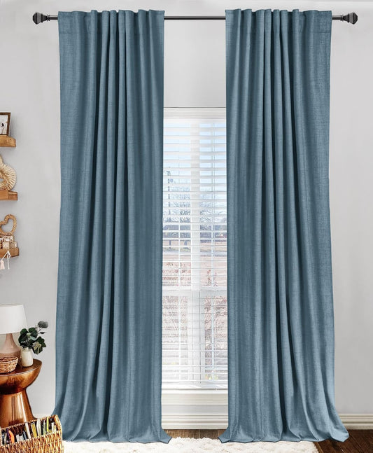 Skiennix 100% Blackout Linen Curtains - Thermal Insulated Drapes, 50" W x 84" L, Stone Blue | 2 Panels Set