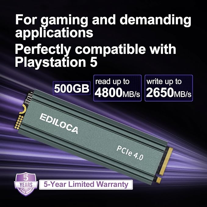 Ediloca 500GB M2 NVME SSD with Heatsink - PCIe Gen4.0 NVMe M.2 2280 3D NAND TLC, 4800MB/s Read, Internal Solid State Drive for PS5/PC, Dynamic SLC Cache, PS5 Storage Expansion, 5-Year Warranty(EN760)