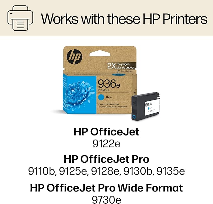 HP 936e Cyan EvoMore Ink Cartridge | Works with OfficeJet 9120, Pro 9100, Wide Format 9700 | Carbon Neutral | 4S6V3LN