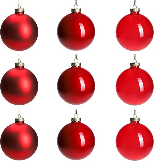 DN DECONATION Red Glass Christmas Ornaments - Set of 9 Hanging Baubles for Tree Decoration | 3.15" Size