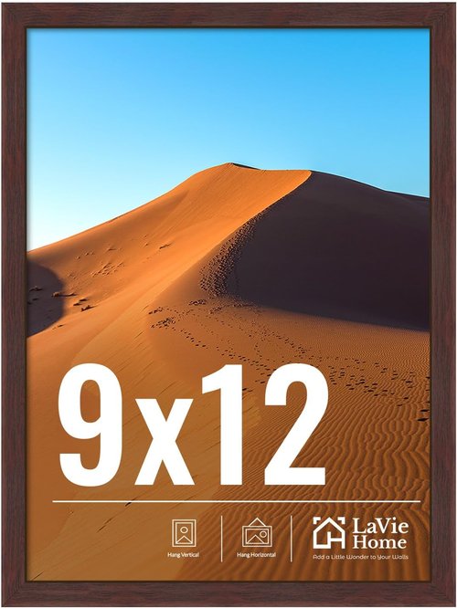 LaVie Home 9x12 Picture Frame - Classic Brown Wall Display Frame with HD Plexiglas | Vertical/Horizontal Use