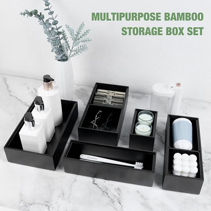 Bamboo Drawer Organizer, 5-Piece Silverware & Kitchen Organizer Set with Removable Dividers for Kitchen, Utensils, Bathroom, Office, Makeup (Black)