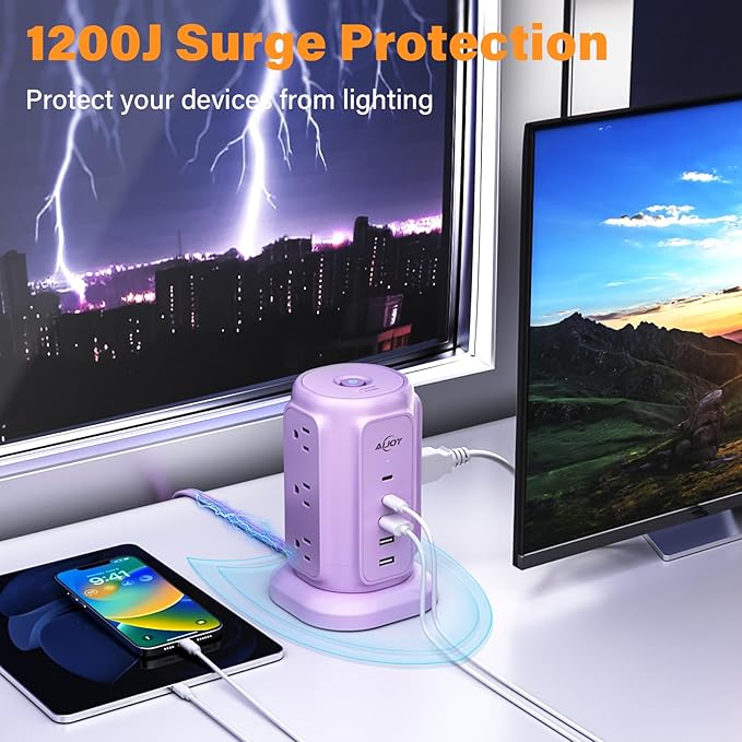 AiJoy Flat Plug Power Strip Tower with 9 AC Outlets and 5 USB Ports