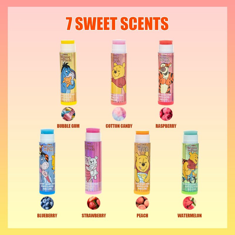 Winnie the Pooh 7 Pack Lip Balm Set with Winnie the Pooh Keychain, Plant Based Kids Lip Balm for Party Favors, Sleepovers and Stocking Stuffers, Ages 3+ by Townley Girl