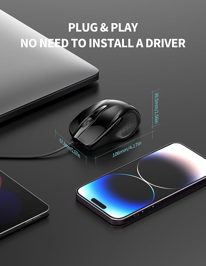 TECKNET USB Wired Mouse, 6-Button Corded Mouse with 2 Adjustable DPI, Optical Computer Mouse with Ergonomic Design and 5FT Cord for Laptop, Chromebook, PC, Desktop, Mac, Notebook-Black
