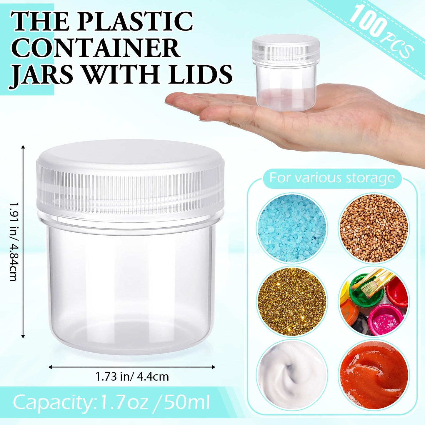 Meanplan 100 Pcs 1.7 oz Plastic Container Jars with Lids Round Leak Proof Refillable Small Cosmetic Jars for Lotion, Cream, Makeup, Eye Shadow, Rhinestone, Samples, Pot, Travel Storage(Clear)