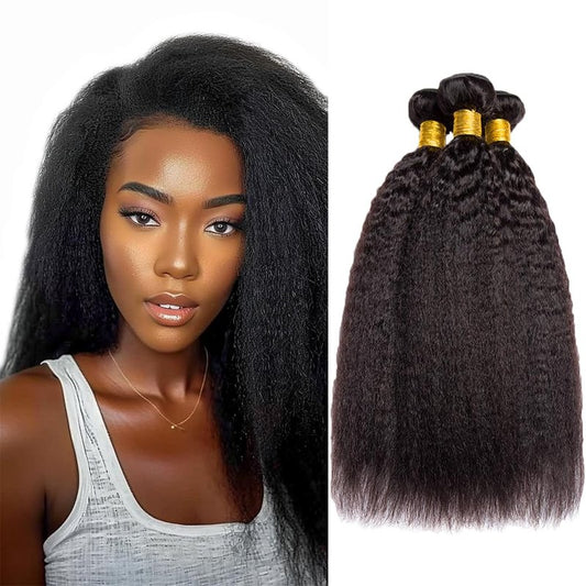 Kinky Straight Bundles Human Hair Yaki Human Hair Bundles 14 16 18 Inch Unprocessed Brazilian Virgin Remy Hair Extensions Yaki Straight Bundle Hair Weave Calneshia Bundle