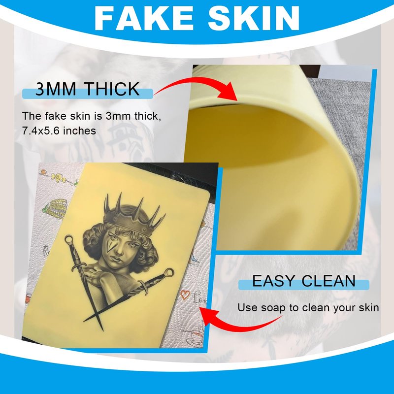 Emalla 3mm Premium Tattoo Fake Skin, 10Pcs Silicone Practice Skin for Practice Double-Sided Use 7.4"x5.6" Soft Skin for Artists and Beginners Tattoo Supplies